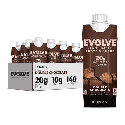 Evolve Plant Based Protein Shake, Double Chocolate, 20G Vegan Protein, Dairy Free, No Artificial Sweeteners, Non-Gmo, 10G Fiber, 11 Fl Oz (Pack of 12) - (Formula May Vary)