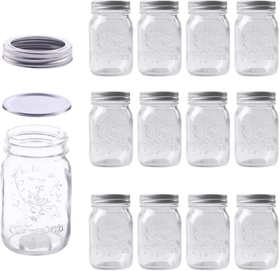 Hovico Mason Jars 17 oz With Regular Lids and Bands, Ideal for Jam,Dishwasher Safe Mason Jar for Fermenting, Kombucha, Kefir, Storing and Canning Uses, Clear- Set of 12 (Type A)