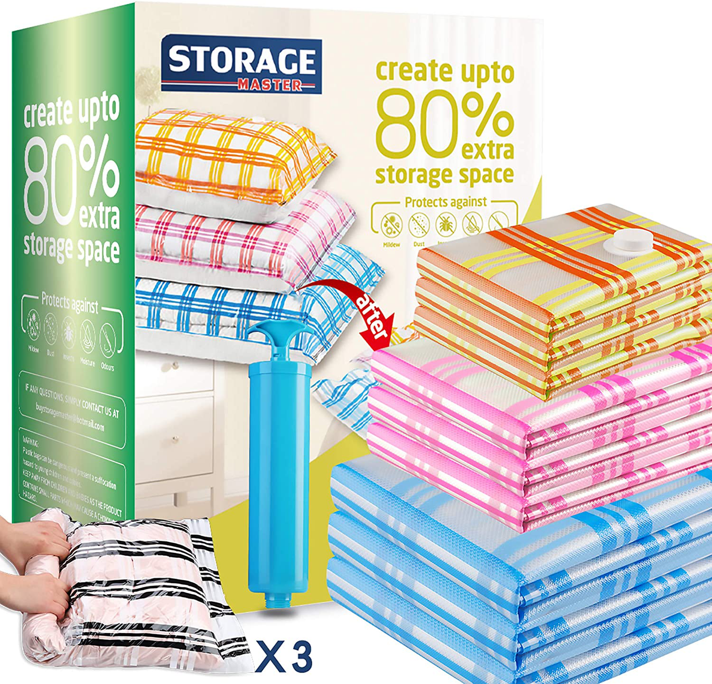 Storage Master 12 Vacuum Storage Bags, Space Saver Bags, 12-Pack (3 Jumbo, 3 Large, 3 Medium, 3 Roll-Up) with Hand Pump (12-Combo)