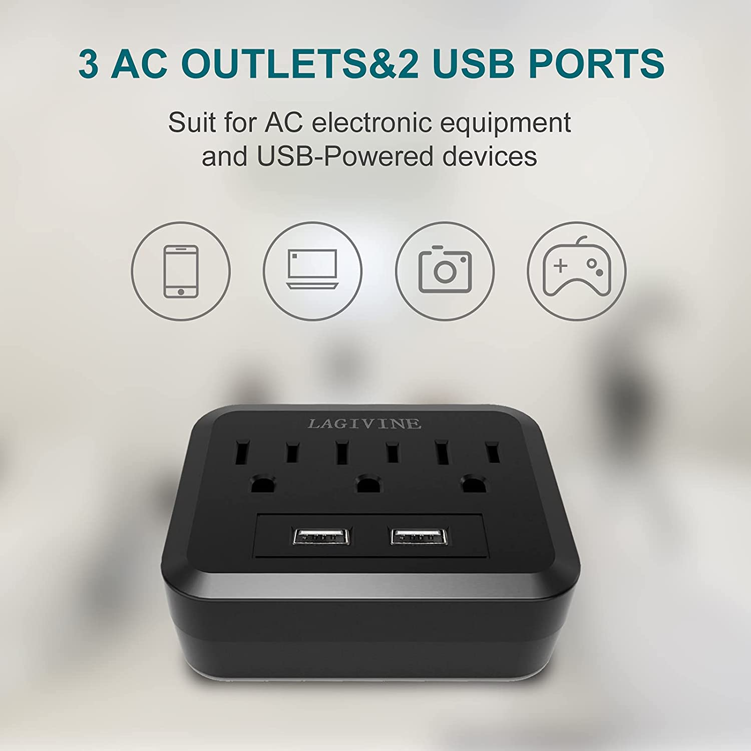 Smart Power Strip Wall Outlet Extender with 2 USB Ports, Surge Protector Wall Charger, Multi Outlet Plug Suitable for Travel, Home, Office