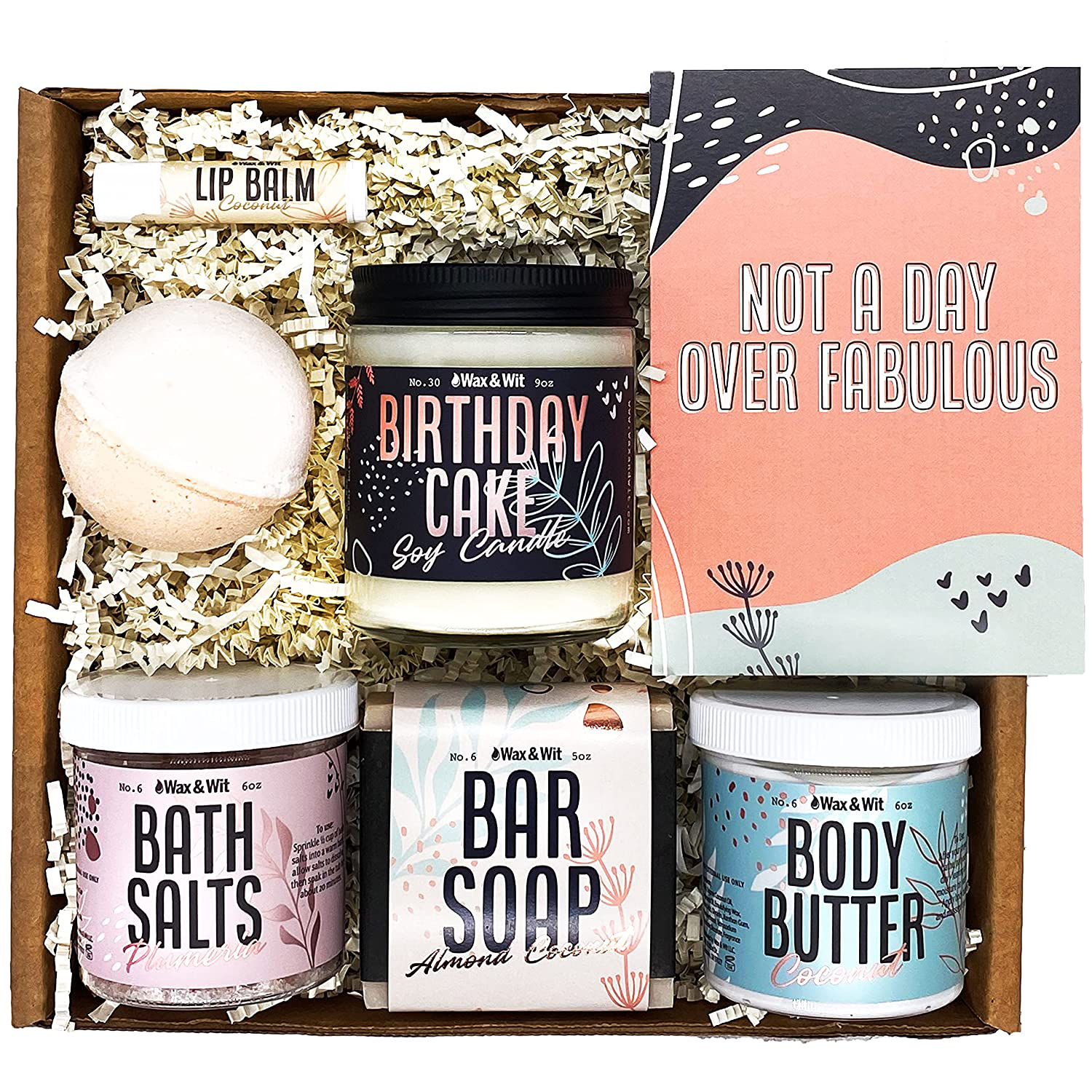 Birthday Gifts for Women by Wax & Wit | Relaxing Gift Basket for Women Wife Sister Girlfriend, Spa Set Birthday Box Includes 7 Piece Set, Happy Birthday