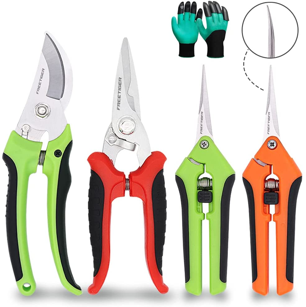 5 Pack Garden Pruners Hand Pruning Shears Gardening Tools Include Tree Trimmers Secateurs,Flower Scissors,Heavy Duty Hand Pruner and Soil Gloves, Bonsai Scissors Clippers Set Kit for Gardening