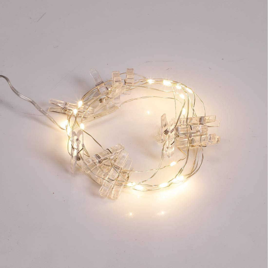 LINGTH 20 LED Photo Hanging Clips Strip Light Clip Photo Holders Battery Powered Home Party Decoration (Transparent White)