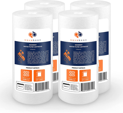 Aquaboon 4-Pack of 5 Micron 10" Sediment Water Filter Replacement Cartridge | Whole House Sediment Filtration | Compatible with W15-PR, HD-950, WFHD13001B, GXWH35F, GXWH30C, HF45-10BLBK10PR