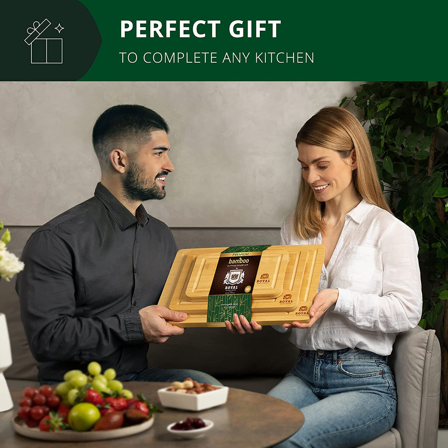 Bamboo Cutting Board Set with Juice Groove (3 Pieces) - Kitchen Chopping Board for Meat (Cutting Board) Cheese and Vegetables (Natural)