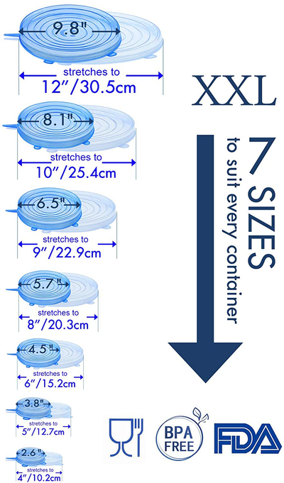 longzon Silicone Stretch Lids 14 Pack Include 2Pcs XXL Size up to 9.8'' Diameter, Reusable Durable Food Storage Covers for Bowl, 7 Different Sizes to Meet Most Containers, Dishwasher & Freezer Safe