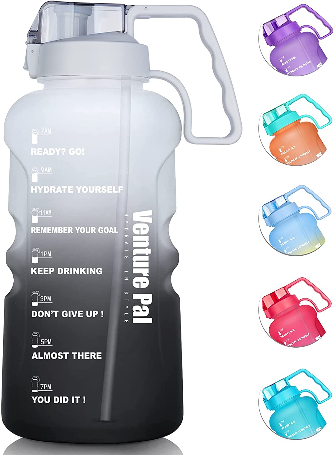 Venture Pal Large 64 & 128 OZ Water Bottle with Straw Motivational Gallon Water Bottle with Time Marker Water Jug for Drinking Home Office & Sports