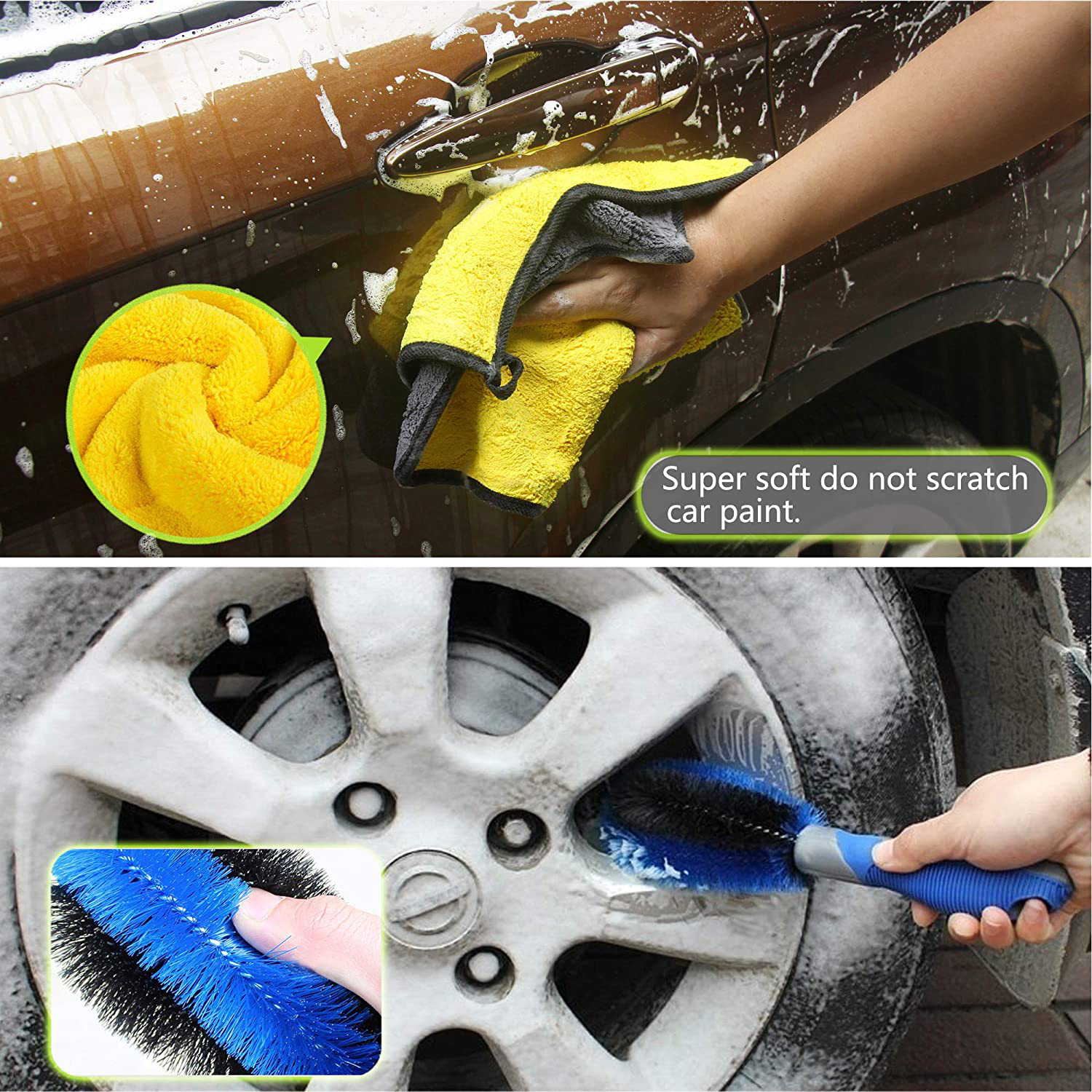 Konpard 7pcs Car Wash Brush Kits with 42.5" Aluminum Alloy Long Handle,Car Wash Kit Auto Care–Exterior and Interior Cleaning–Tire Wheel Brush–Window Squeegee–Window Cleaner Tool-Tool Bag