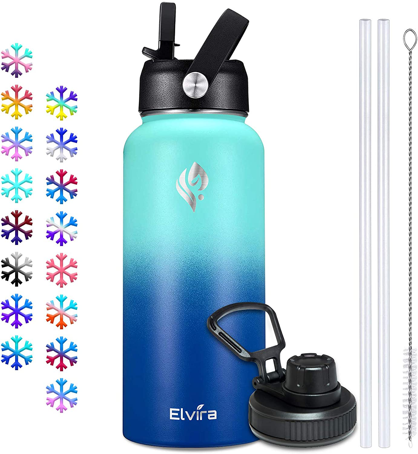 Elvira 32oz Vacuum Insulated Stainless Steel Water Bottle with Straw & Spout Lids, Double Wall Sweat-Proof BPA Free to Keep Beverages Cold for 24Hrs or Hot for 12Hrs