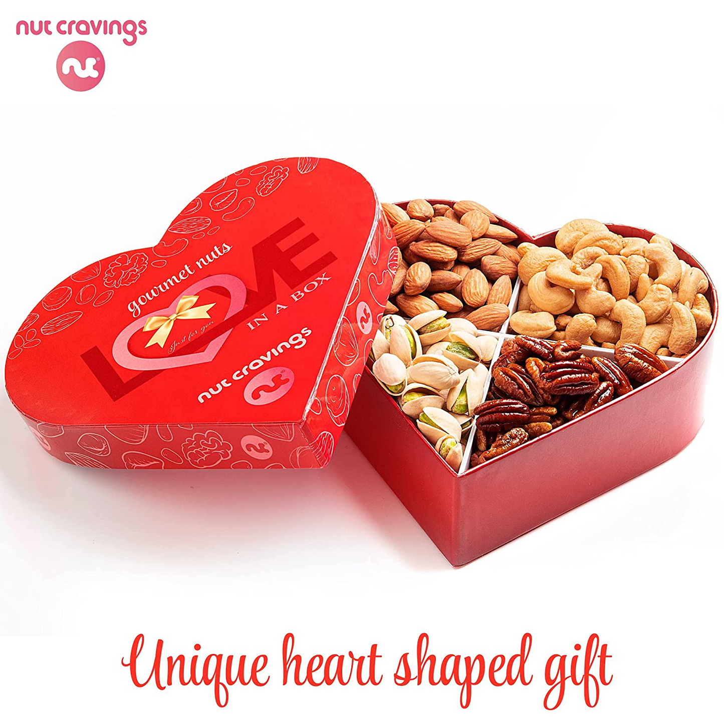 Holiday Christmas Nuts Gift Basket in Heart Box (4 Piece Set) Xmas 2021 Idea Arrangement Platter, Birthday Care Package Variety, Healthy Food Kosher Snack Tray for Adults Women Men Prime