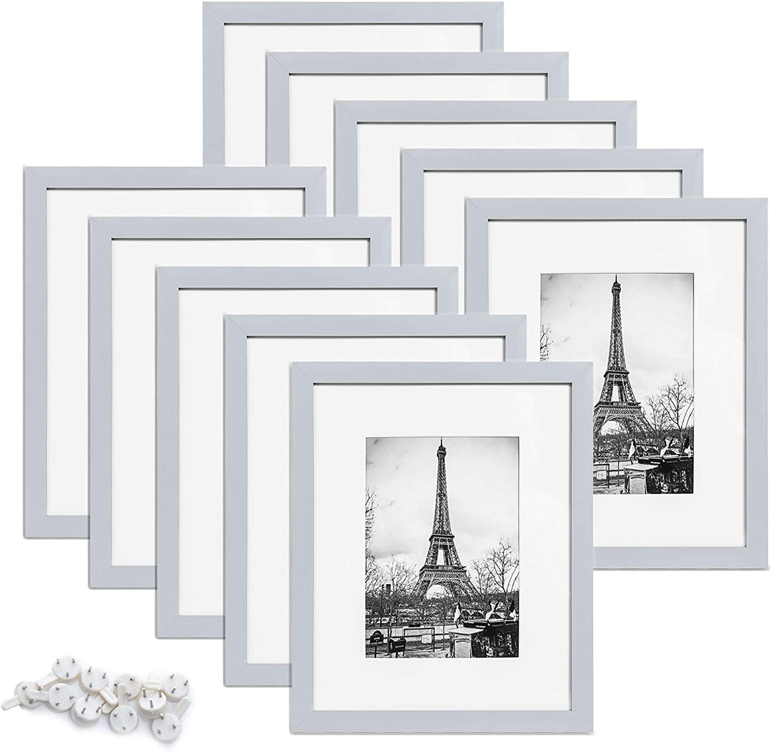 upsimples 8x10 Picture Frame Set of 10,Display Pictures 5x7 with Mat or 8x10 Without Mat,Multi Photo Frames Collage for Wall or Tabletop Display,Light Grey