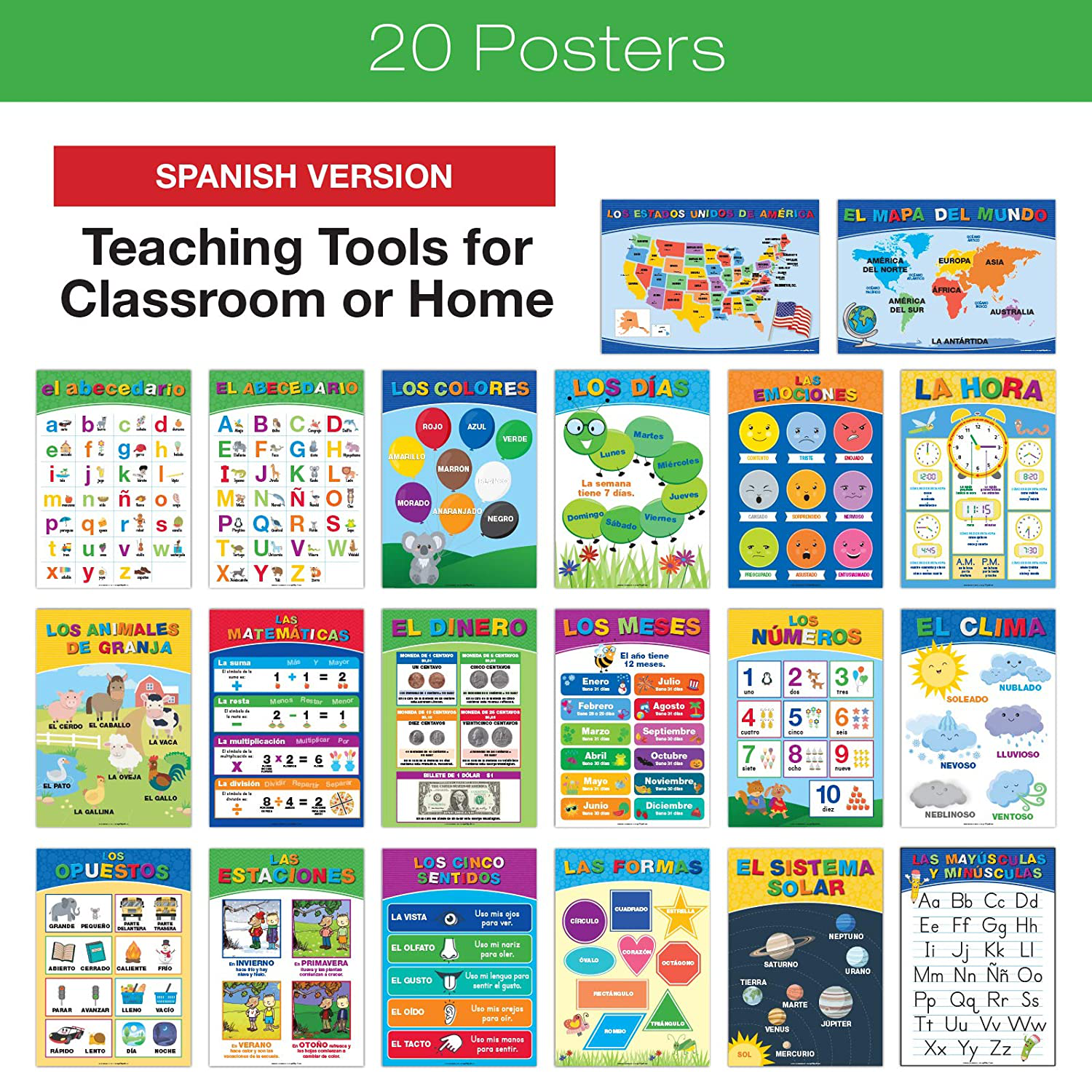 20 Large Educational Posters For Kids Toddlers (16.5x12 Double Sided English and Spanish) Includes: Alphabet Colors Letters Numbers Shapes Months Days Weather Time Animals Solar System Seasons Map