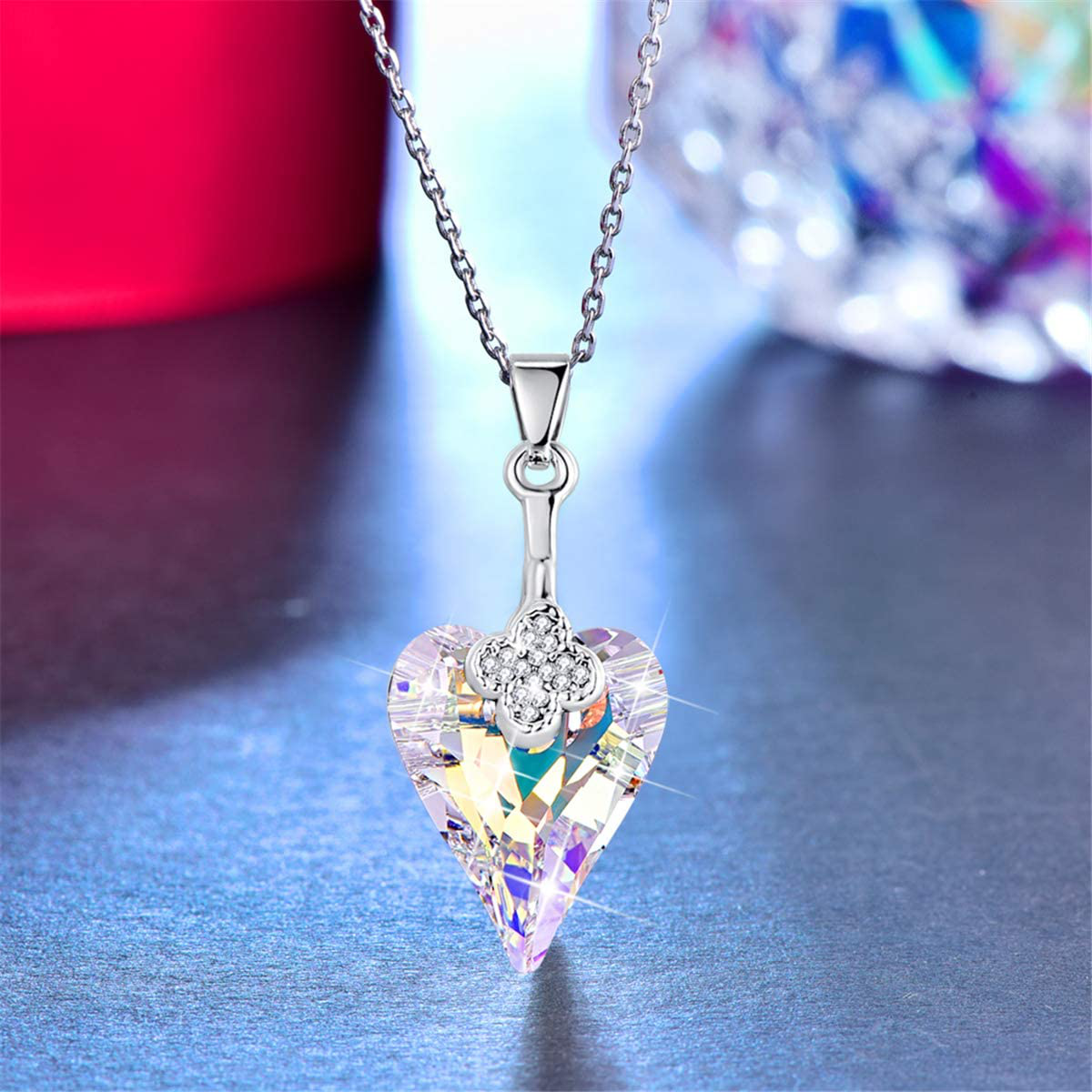 Womens Heart Pendant Necklace Austrian Crystal White Gold Plated Chain Jewelry W/Gift Box