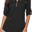 LuckyMore Womens V Neck Zip Cuffed Sleeve Flowy Business Casual Work Tunic Tops Shirts Blouse