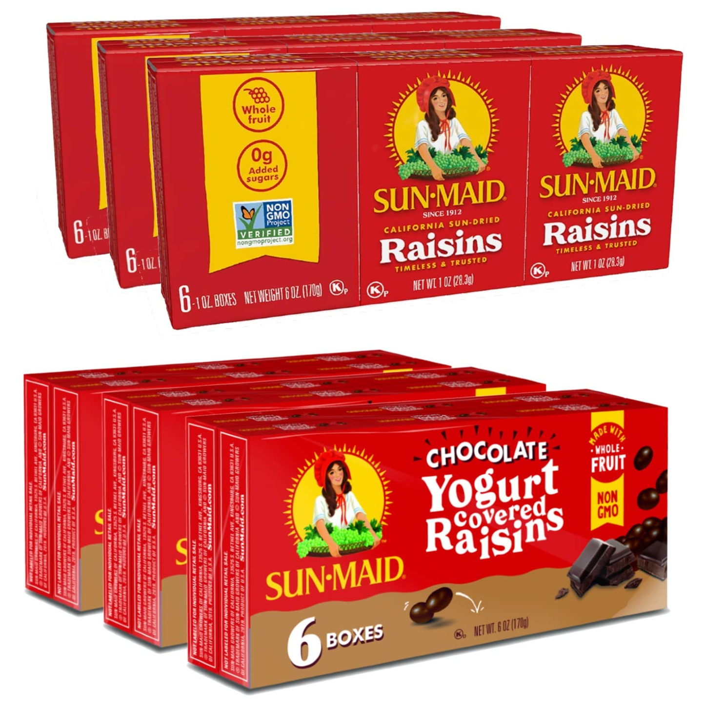 Sun-Maid California Raisin and Chocolate Yogurt Covered Raisin Variety Pack | 1 Ounce Boxes | 6 Count | Pack of 6 |Whole Dried Fruit Snacks| No Artificial Flavors | Non-Gmo
