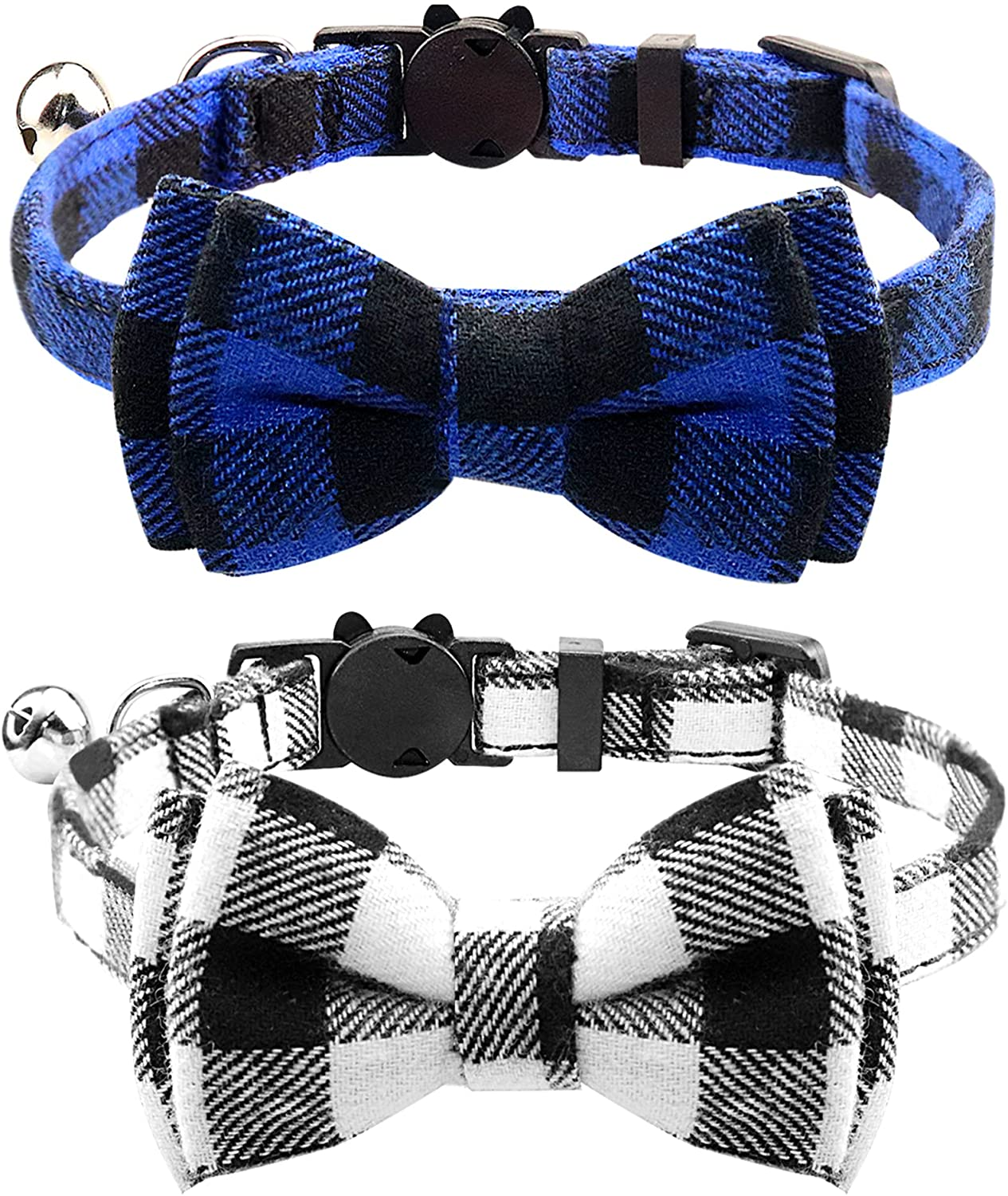 Joytale Breakaway Cat Collar with Bow Tie and Bell, Cute Plaid Patterns, 1 Pack Kitty Safety Collars,Haze Blue