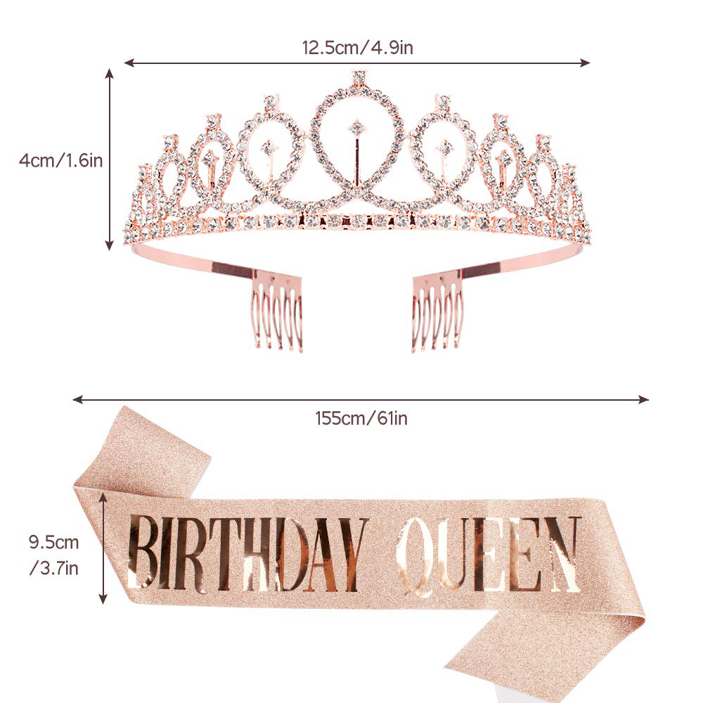 Birthday Crowns for Women, Didder Rose Gold Rhinestone Tiara & Birthday Queen Sash, Birthday Crown Birthday Tiara Birthday Sash and Tiaras for Women Girls Birthday Gifts Party Accessories