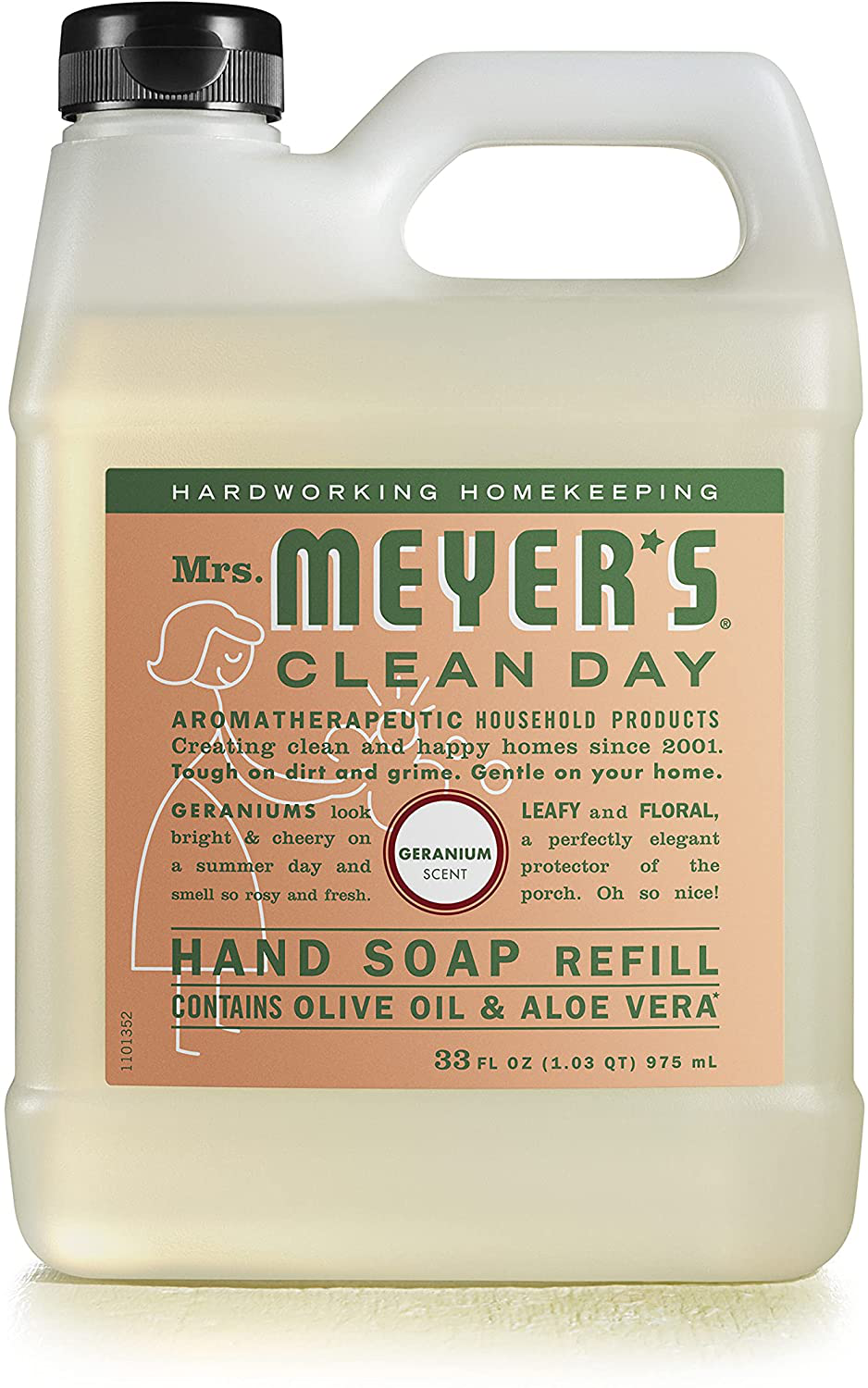 Mrs. Meyer's Clean Day Liquid Hand Soap Refill, Cruelty Free and Biodegradable Hand Wash Formula Made with Essential Oils, Geranium Scent, 33 oz