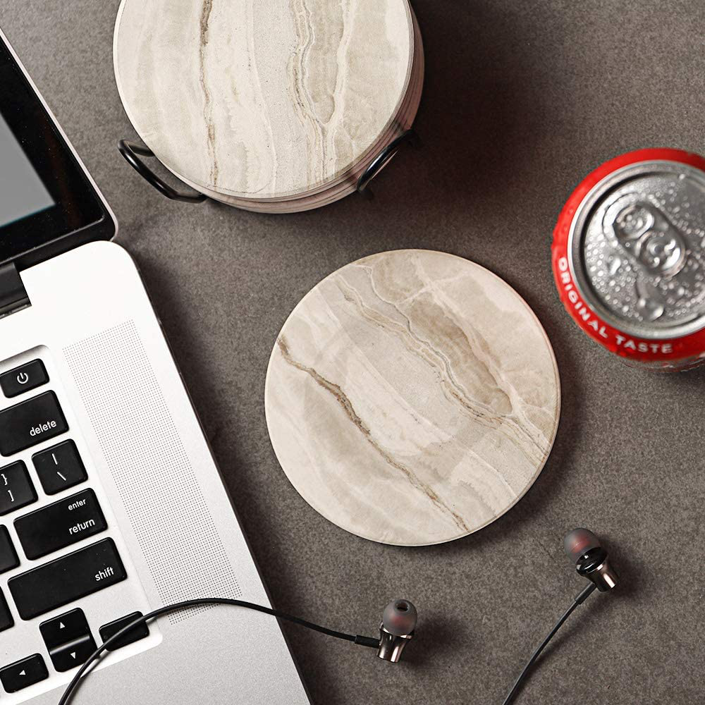 LIFVER Drink Coasters with Holder, Absorbent Coaster Sets of 6, Marble Style Ceramic Drink Coaster for Tabletop Protection,Suitable for Kinds of Cups, Wooden Table,4 Inches