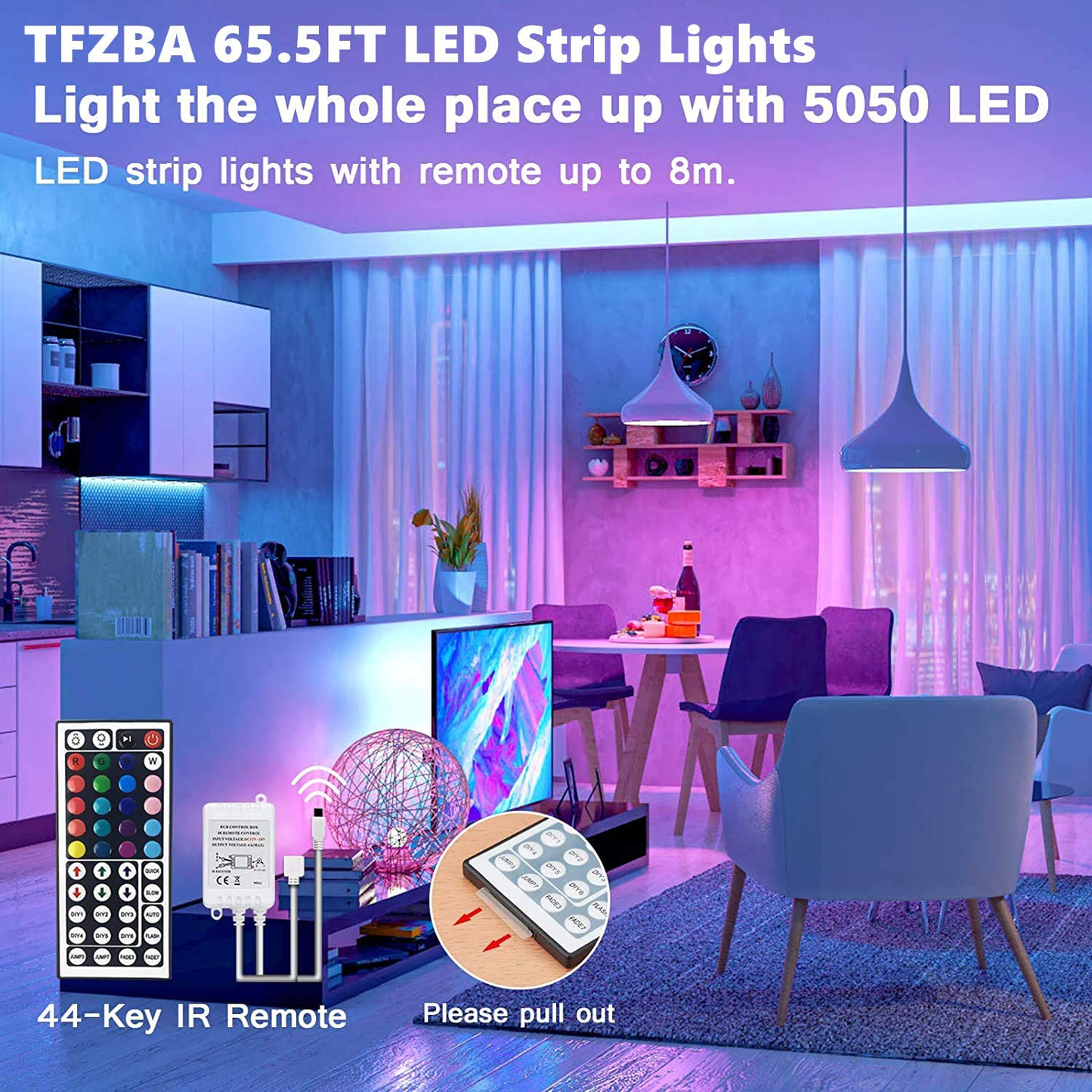 Tfzba 65.6ft Led Strip Lights, LED Lights for Bedroom, Ultra Long LED Lights RGB 5050 LED Light Strips Kit with 44 Keys Ir Remote Led Lights for Home Living Kitchen Room and Party