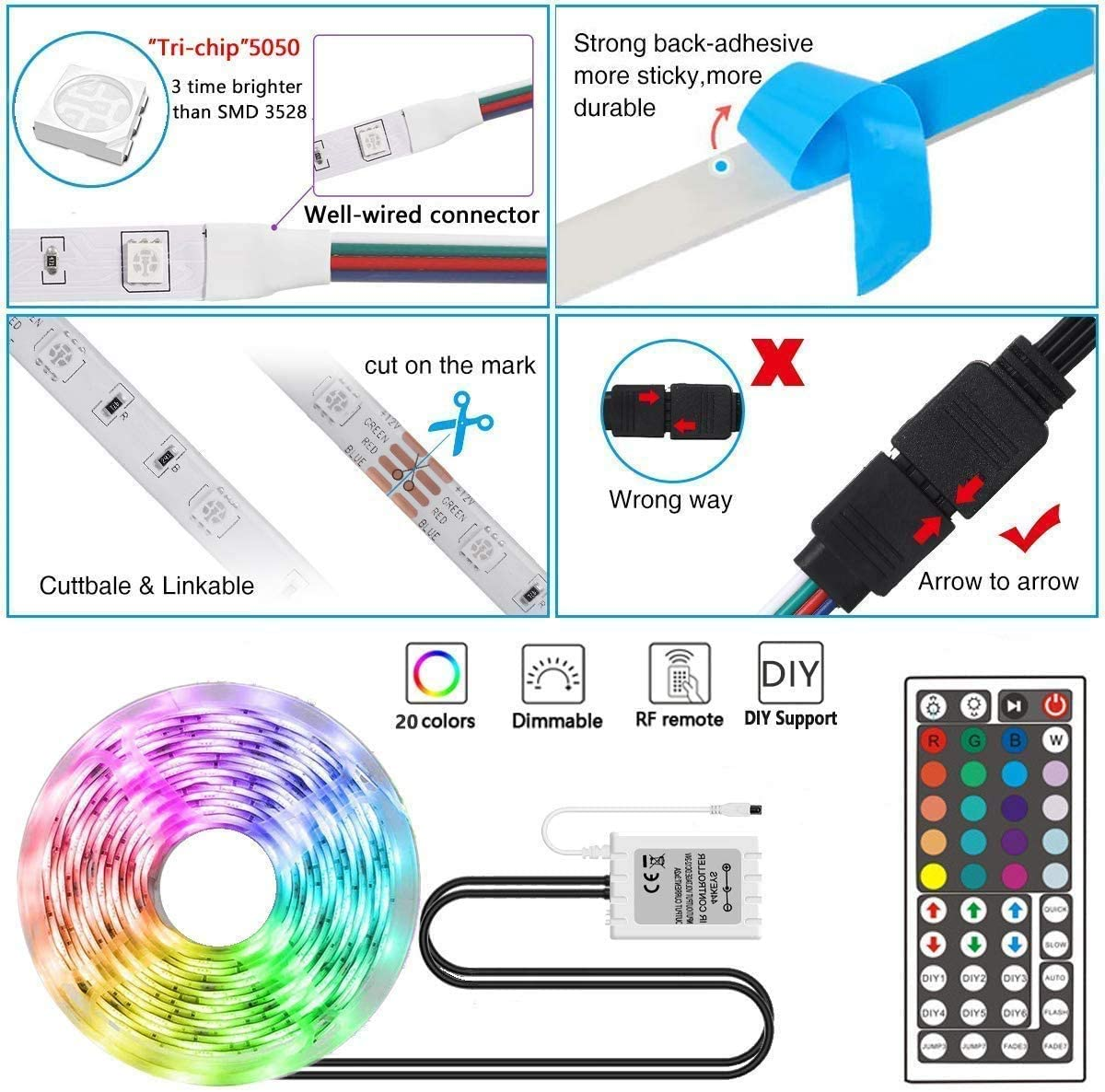 Waterproof Flexible Color Changing RGB SMD 5050 - LED Strip Light Kit with 44 Keys IR Remote Controller and 12V Power Supply