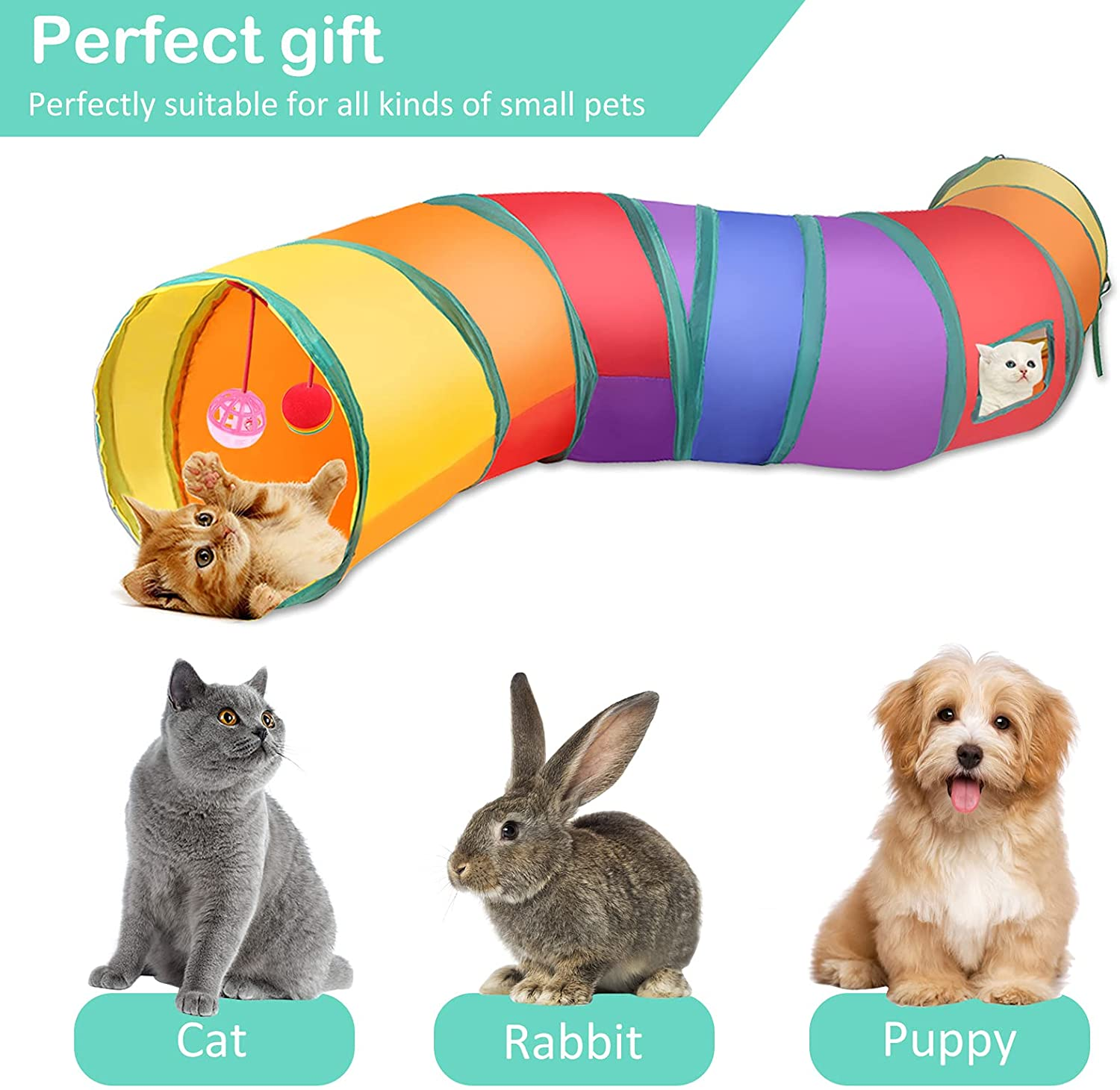 22PCS Rainbow Interactive Cat Toys Cats Tunnel with Bell Mouse Ball Crinkle Feather String, Kitten Toys for Indoor Cats Pet Puppy, Kitty Toy Set for Cat Hiding Hunting and Training