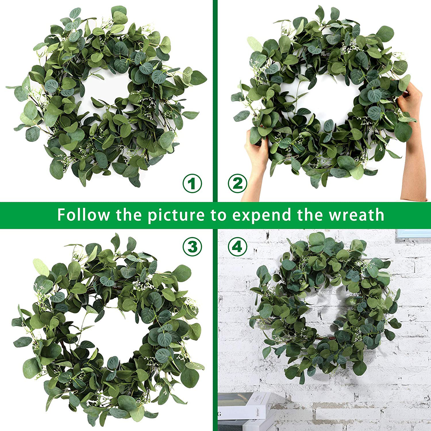 20 Inch Artificial Eucalyptus Wreath Green Eucalyptus Leaves Garland Hanging Greenery Wreath Ornament for Front Door Wall Window Indoor Outdoor