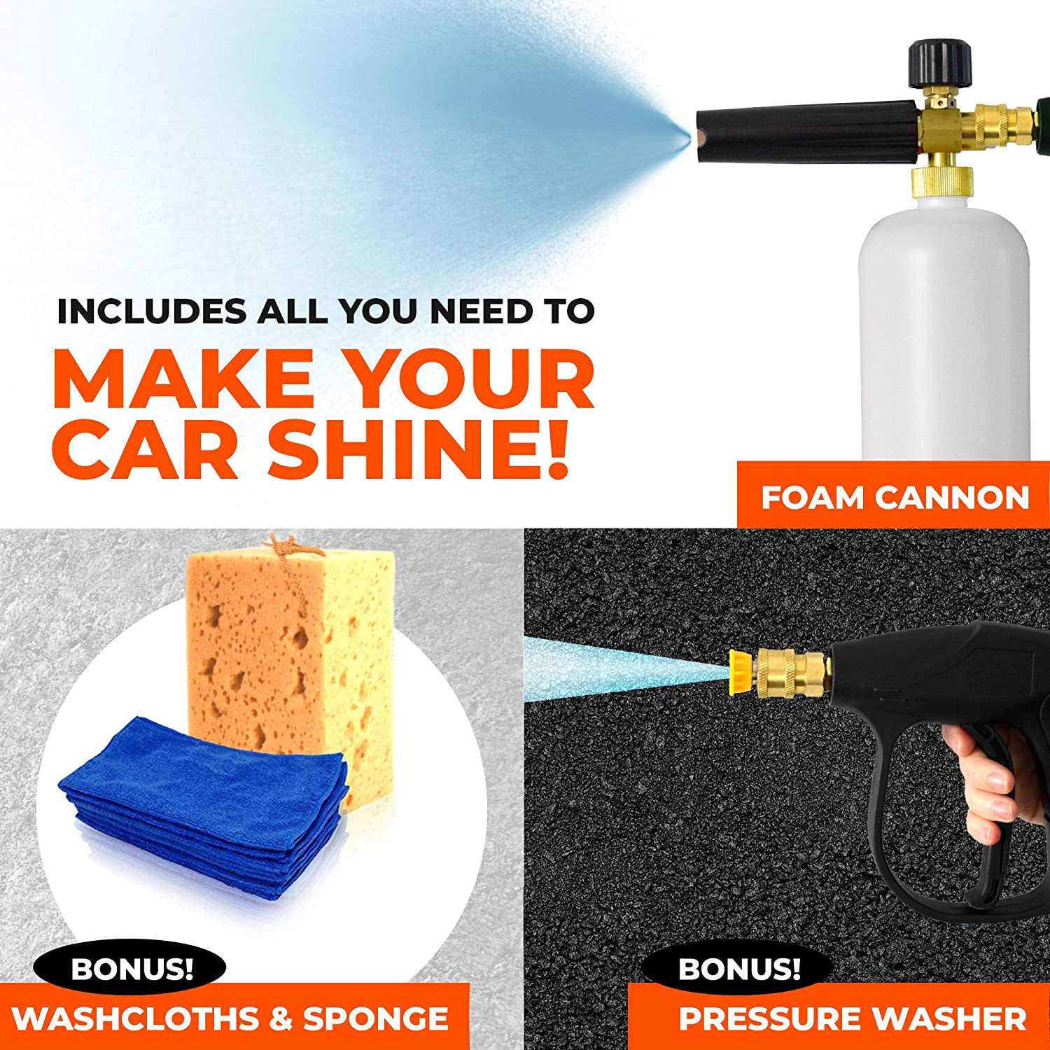 Scuddles Foam Cannon Snow Foam Lance with 1/4" Quick Connector, 5 Nozzles 5 Microfiber Towels Sponge