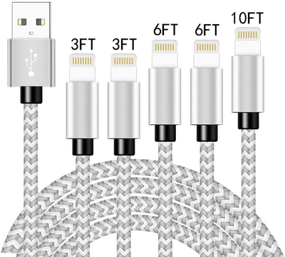 5 Pack 3/3/6/6/10Ft iPhone Charger Cable, Mfi Certified Lightning Cable, Nylon Braided Fast Charging Syncing iPhone Cord