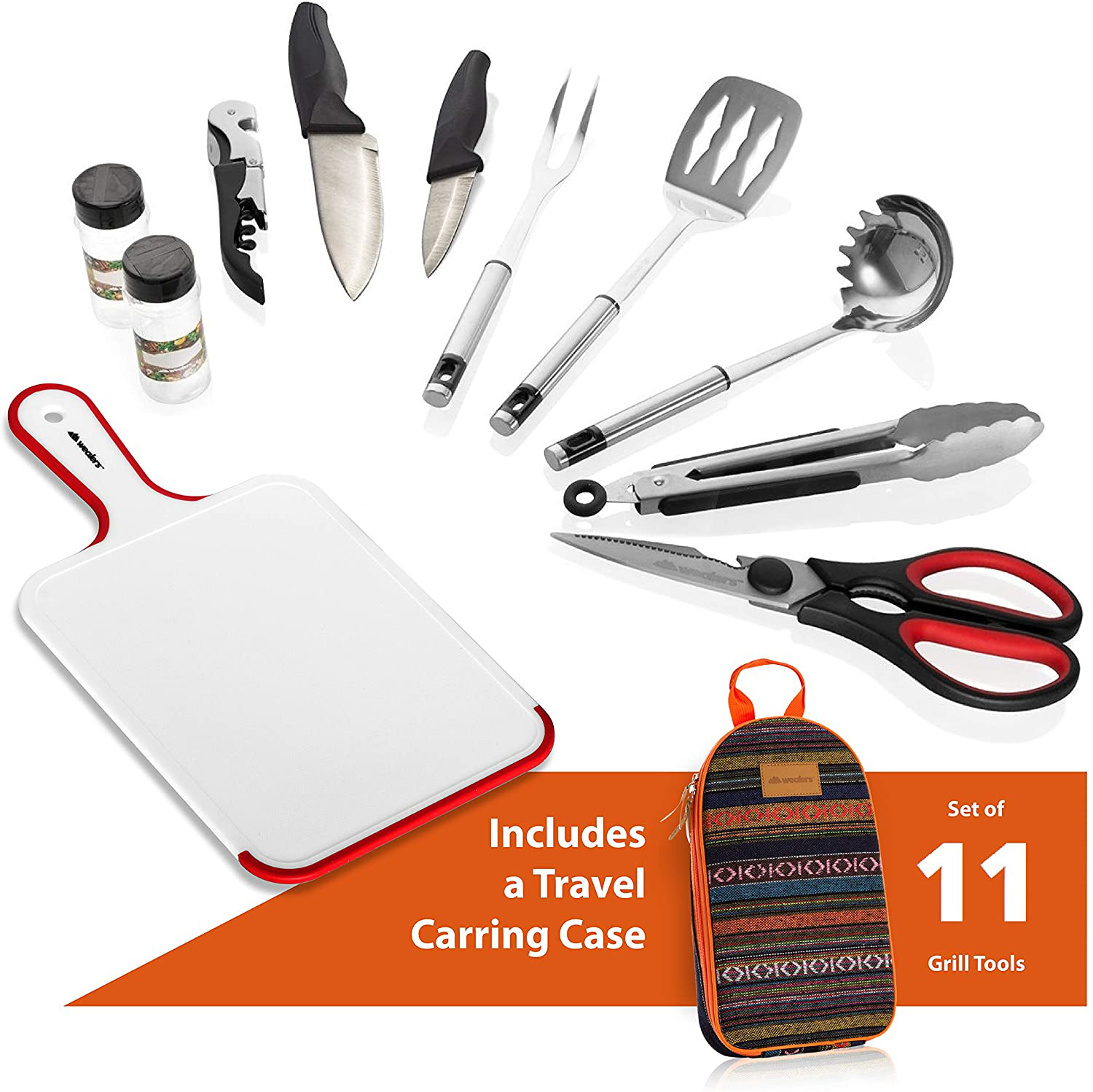 11 Piece Camp Kitchen Cooking Utensil Set Travel Organizer Grill Accessories Portable Compact Gear for Backpacking BBQ Camping Hiking Travel Cookware Kit Water Resistant Case