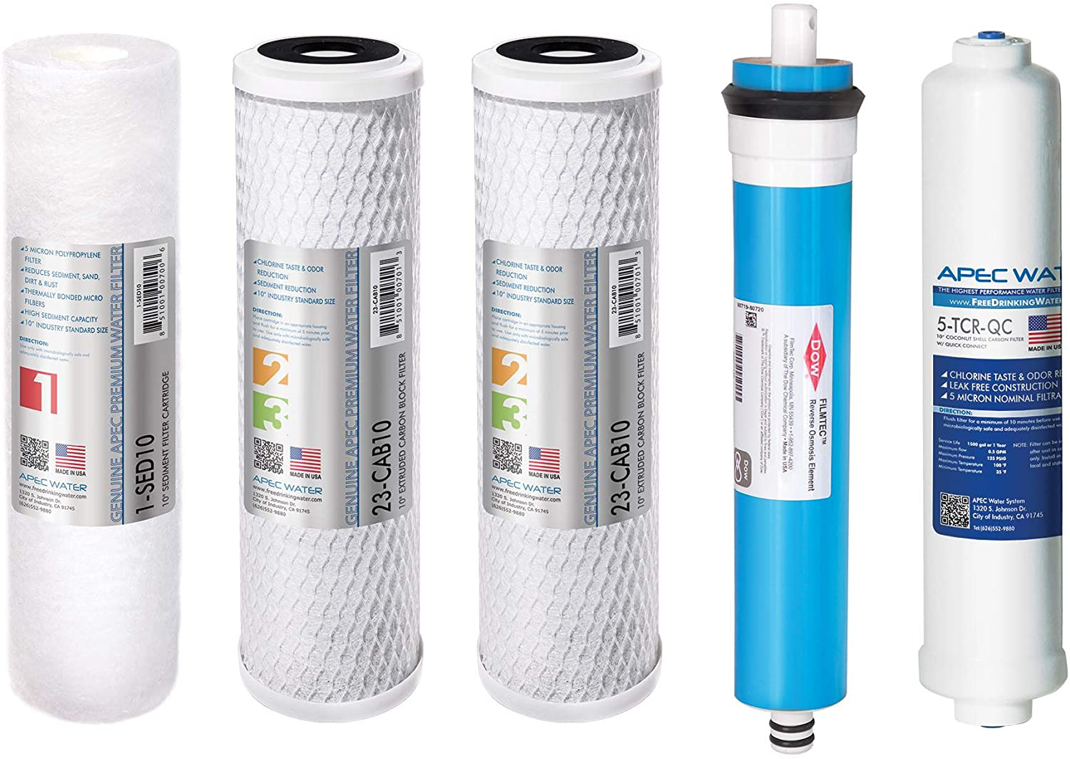 APEC Water Systems FILTER-MAX90 US Made 90 GPD Complete Replacement Set for Ultimate Series Reverse Osmosis Water Filter (Standard 1/4" Output System), Stage 1-5, White