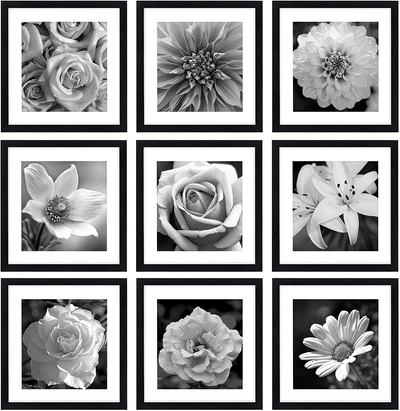eletecpro 12x12 Picture Frames Black Set of 9, Wooden Square Photo Frame Displays 8x8 With Mat and 12x12 Without Mat, Poster Frame for Wall Hanging Home Decoration - Mounting Hardware Included