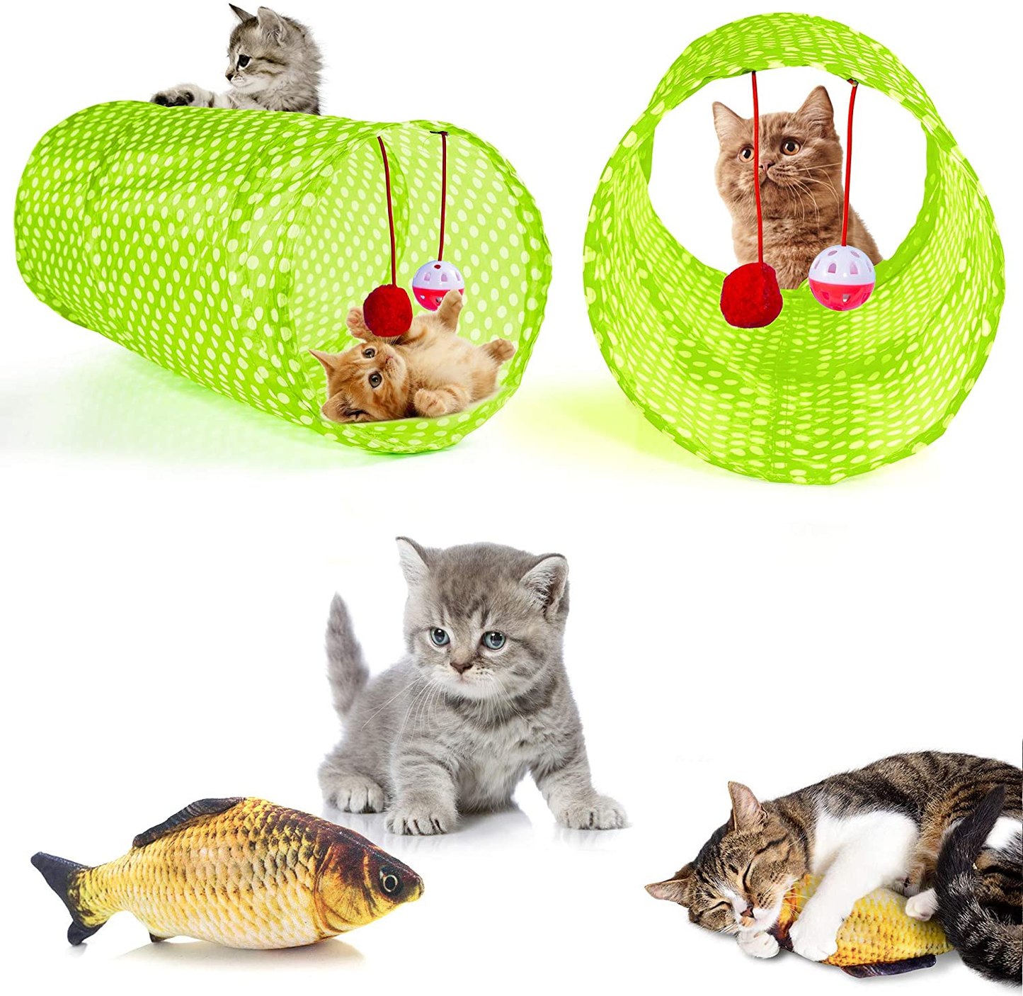 31 PCS Cat Toys Kitten Toys Assortments,Variety Catnip Toy Set Including 2 Way Tunnel,Cat Feather Teaser,Catnip Fish,Mice,Colorful Balls and Bells for Cat,Puppy,Kitty