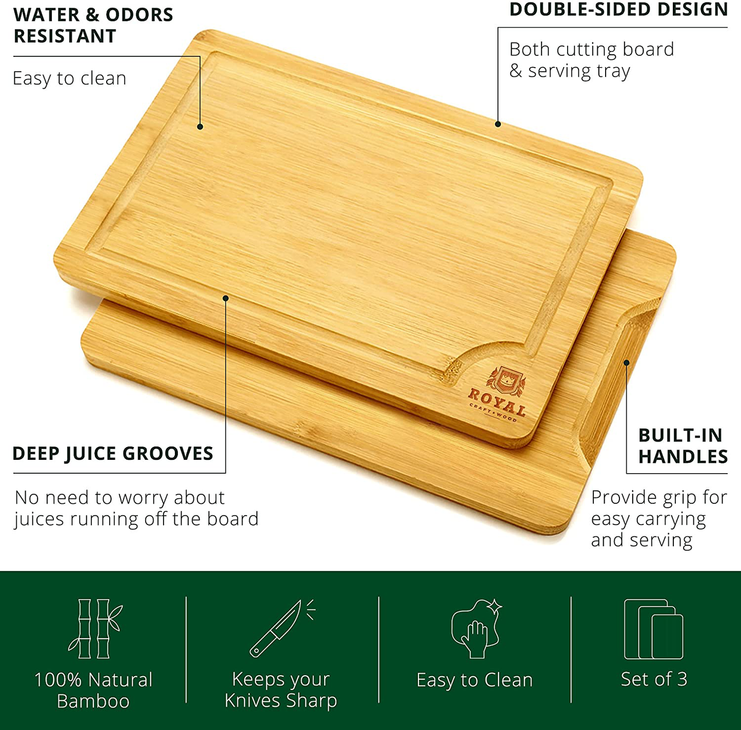 Natural Bamboo Cutting Board with Juice Groove - Kitchen Chopping Board for Meat (Butcher Block) Cheese and Vegetables | Serving Tray w/Handles (4-Pieces)