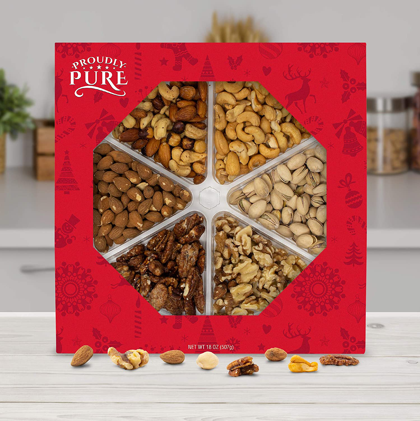 Holiday Nuts Gift Basket (18 Oz)Delicious Variety Mixed Nuts Large 6-Selection Prime Gift Christmas, Mothers Birthday & Father'S Day Assortment Tray by Proudly Pure Made in U.S.A