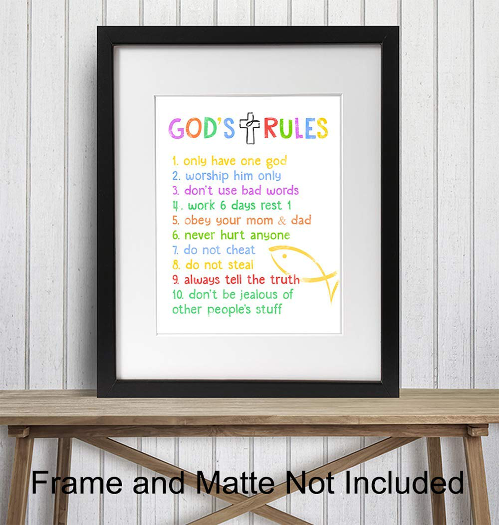 Ten Commandments for Kids - Religious Scripture, Bible Verse Wall Art - Kids Bedroom Decor - Kids Wall Art - Christian Gift For Child, Boys, Girls Room, Nursery, Baby Room - Pastel Colors Poster
