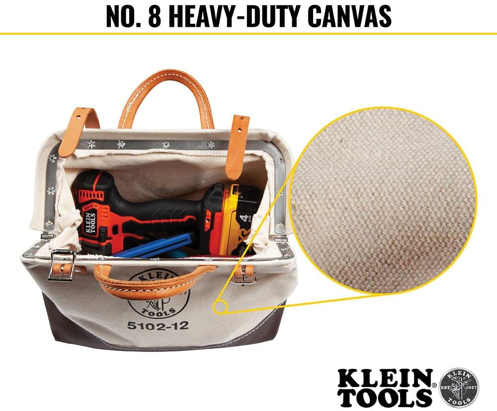 Klein Tools 5102-12 Heavy Duty Natural Canvas Tool Bag, Tool Tote, Multi-Purpose Bag with Wide Hinged Opening and Leather Handles, 12-Inch