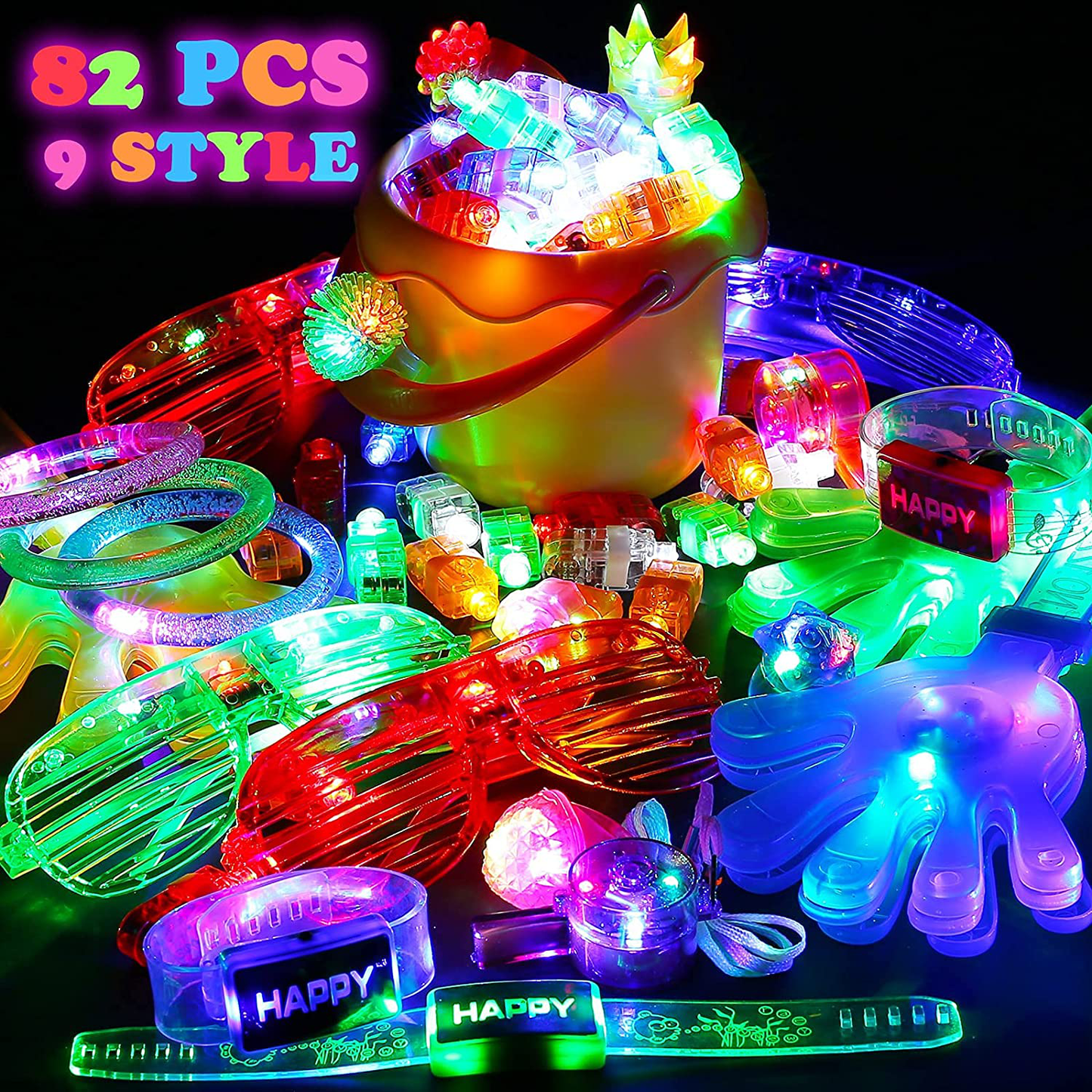 82Pcs LED Light up Toy Bulk Party Favors, Glow in the Dark Party Supplies for Boy Girl with 50 Finger Light,6 Jelly Ring, 6 Glasses,5 Spinning Top, 3 Bracelet,3 Hairpin, 3 Whistle, 3 Hand Clap,3 Watch