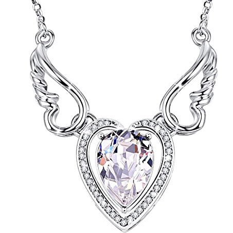 Angel Wing Heart Pendant Necklace White Gold Plated with Austrian Crystal Best Gift for Her