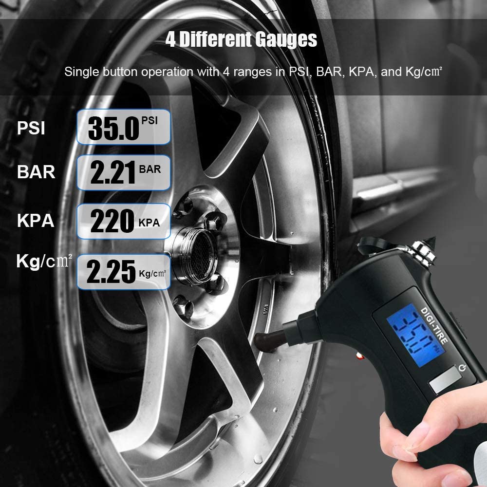 5-In-1 Multi-Functional Rescue Tools  Digital Tire Pressure Gauge 150 PSI 4 Settings for Car Truck, with Backlit LCD Tire and Non-Slip Grip Gauge