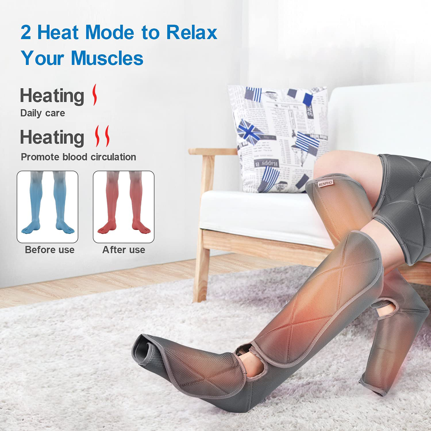RENPHO Leg Massager with Heat for Circulation, Air Compression Calf Thigh Foot Massage, Adjustable Wraps Design, with 6 Modes 3 Intensities 2 Heat, Gifts for Muscles Relaxation