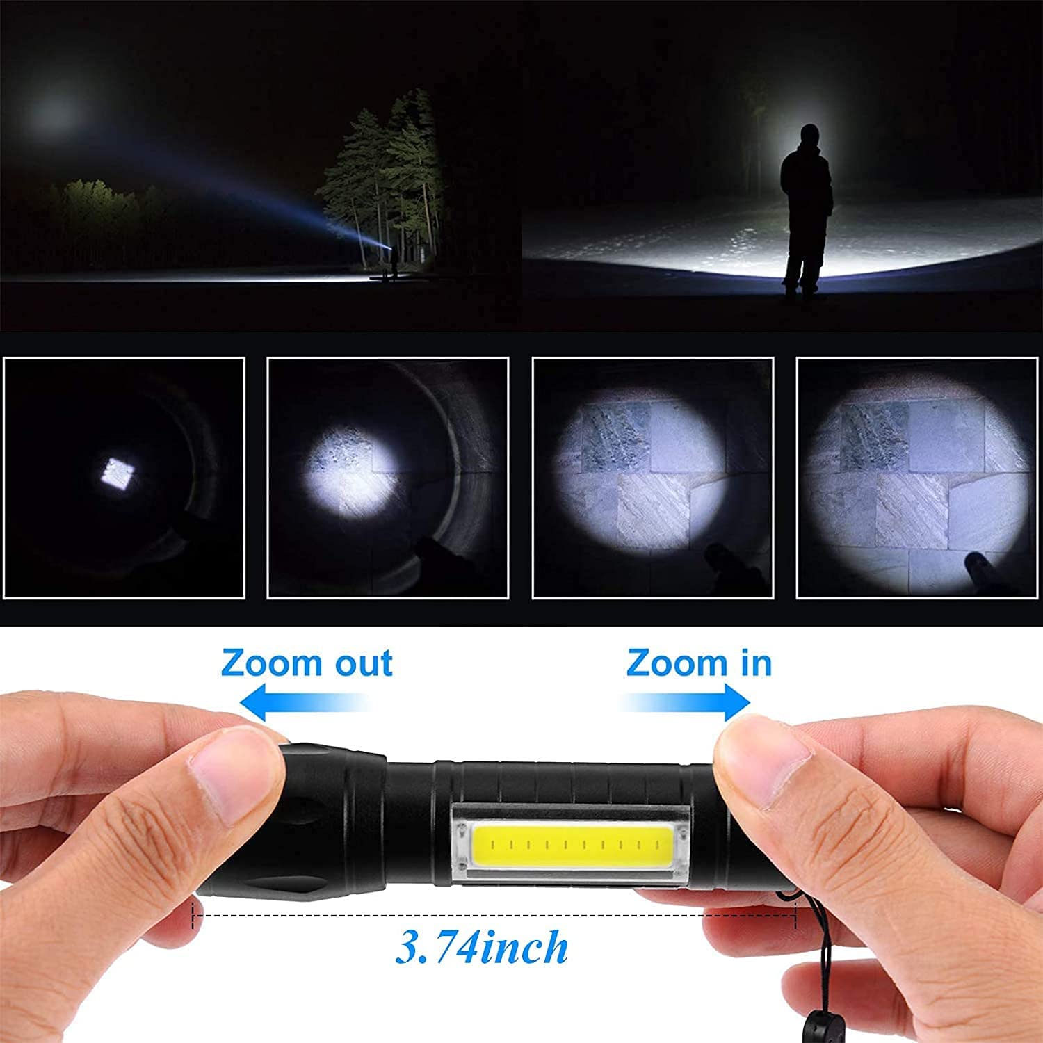 4 Pack Rechargeable Flashlight, 4 Modes Super Bright Pocket-Sized COB Work Light T6 LED Torch, Zoomable, Water Resistant