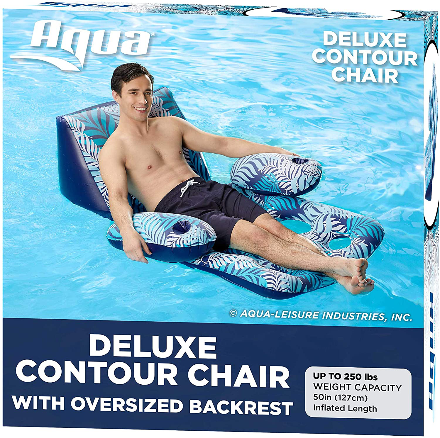 AQUA Deluxe Contour Pool Chair Lounge, Luxury Fabric, Suntanner Adult Size Pool Float, Lake Floating Chair, Heavy Duty, Blue/White Fern