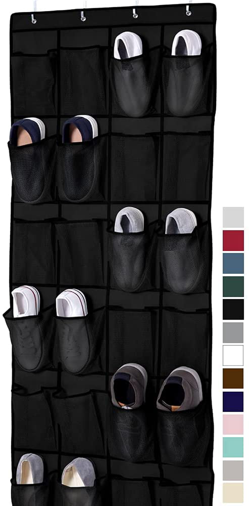 Gorilla Grip Large 24 Pocket Shoe Organizer, Breathable Mesh, Holds Up to 40 Pounds, Sturdy Hooks, Space Saving, Over Door, Storage Rack Hangs on Closets for Shoes, Sneakers or Home Accessories, Black