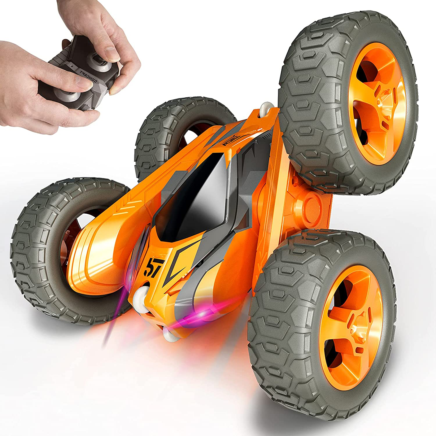 Tecnock Remote Control Car for Kids,360 ° Rotating Double Sided Flip RC Stunt Car,2.4Ghz 4WD Toy Car with Rechargeable Battery for 45 Min Play,Great Gifts for Boys and Girls(Orange)