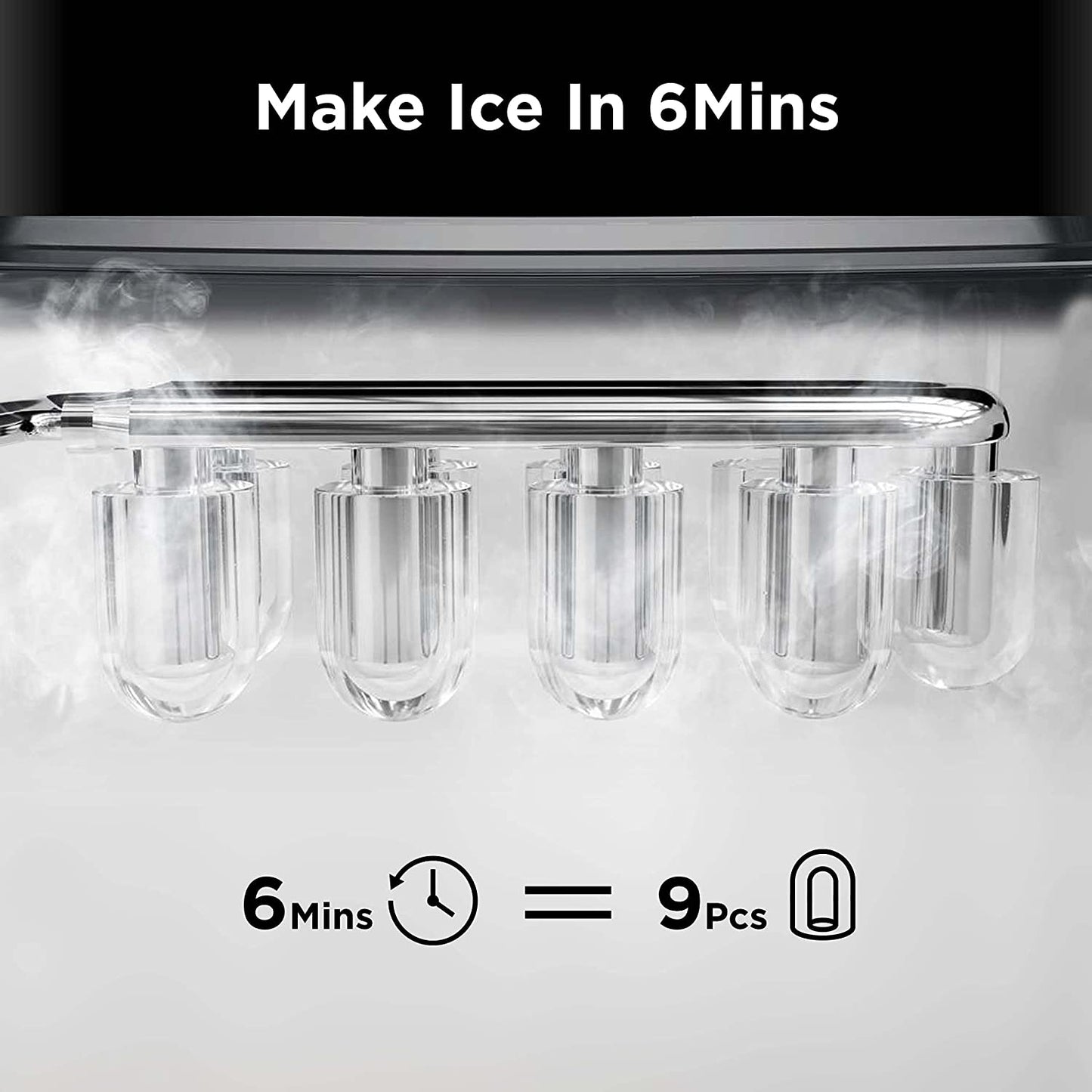 Ice Makers Countertop, 9 Cubes Ready in 6 Mins, 26Lbs in 24Hrs, Self-Cleaning Ice Machine with Ice Scoop and Basket, 2 Sizes of Bullet Ice for Home Kitchen Office Bar Party