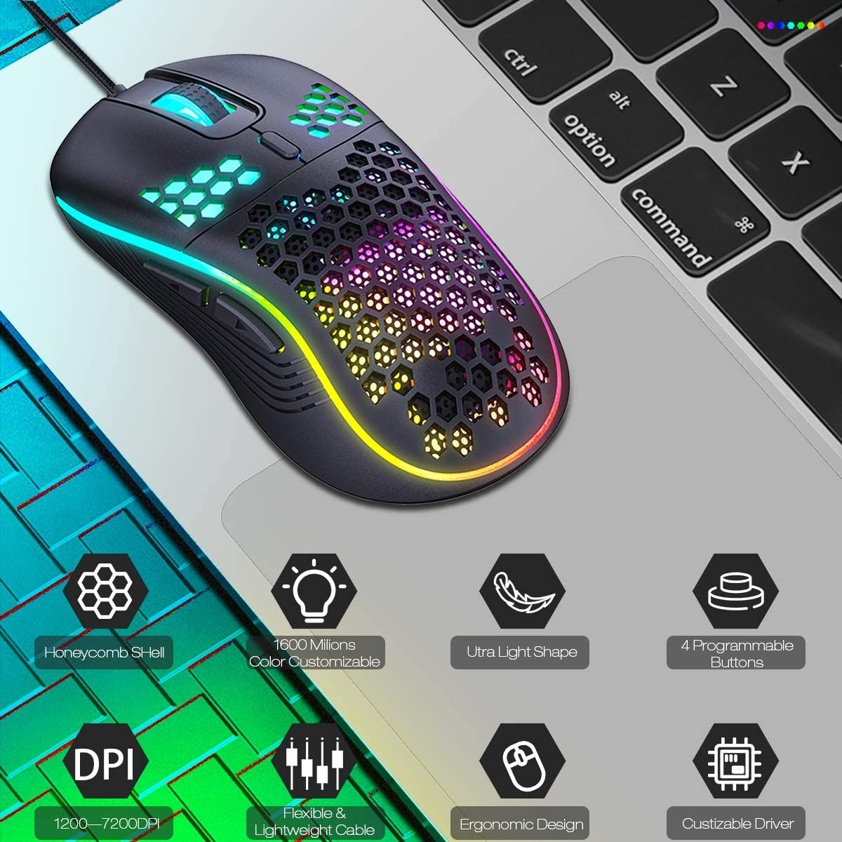 Lightweight Gaming Mouse, Wired USB PC Gaming Mice with Ultralight Honeycomb Shell, RGB Chroma LED Light, 7200 DPI Adjustable, Programmable 6 Buttons Mouse for Windows 7/8/10/XP