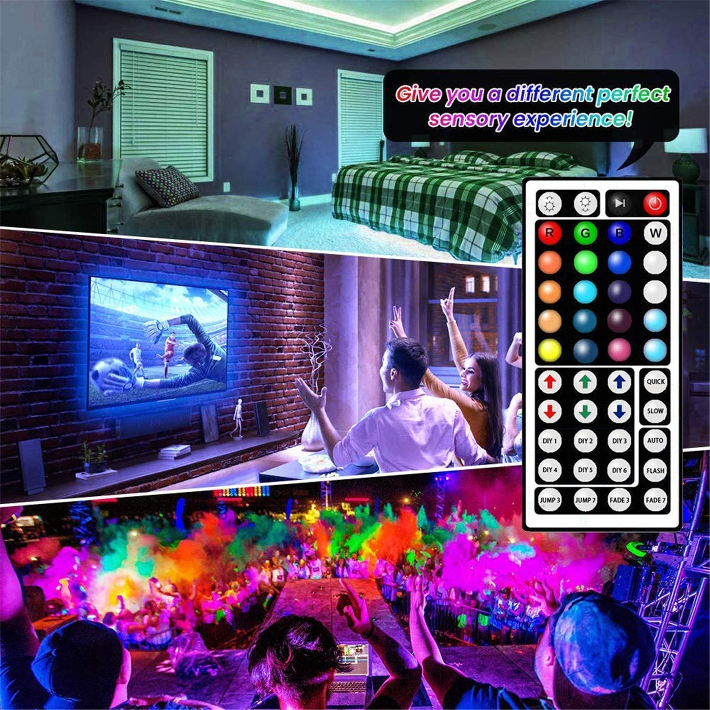 Waterproof Flexible Color Changing RGB SMD 5050 - LED Strip Light Kit with 44 Keys IR Remote Controller and 12V Power Supply