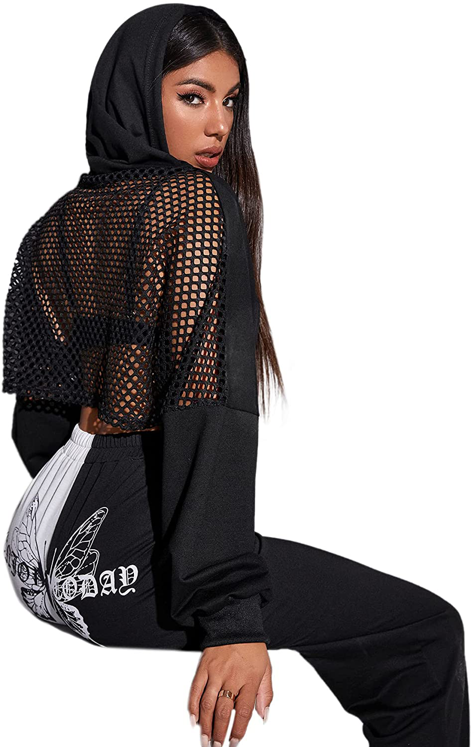 Verdusa Women's Sheer Fishnet Drop Shoulder Drawstring Hoodie Crop Sweatshirt