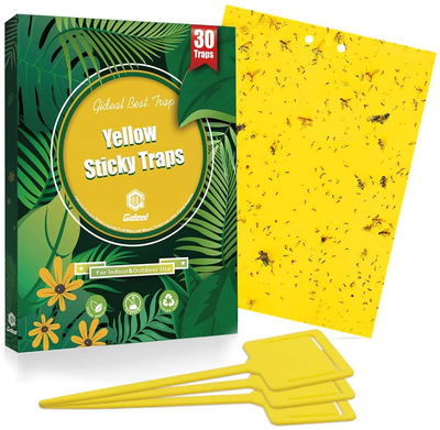 Gideal 30-Pack Dual-Sided Yellow Sticky Traps for Flying Plant Insect Such as Fungus Gnats, Whiteflies, Aphids, Leafminers,Thrips - (6x8 Inches, Included 30pcs Twist Ties)